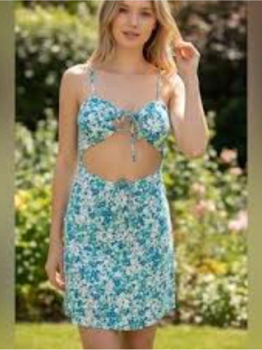 Floral Blue Cutout Chemise with Tie Front